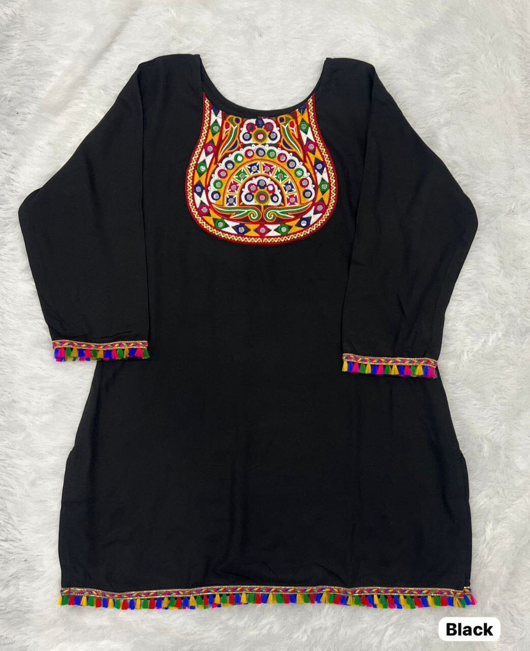 Black Heavy Rayon Short Top With Gamthi Lace and mirror work Western Top Shopin Di Apparels