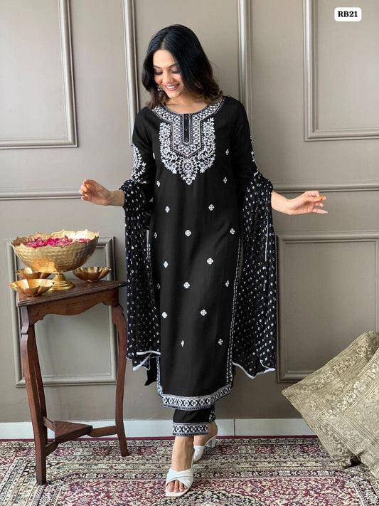 Black Heavy Rayon Straight Mirror Work Kurti with Dupatta and Pant Ready Made Designer Suits Shopin Di Apparels