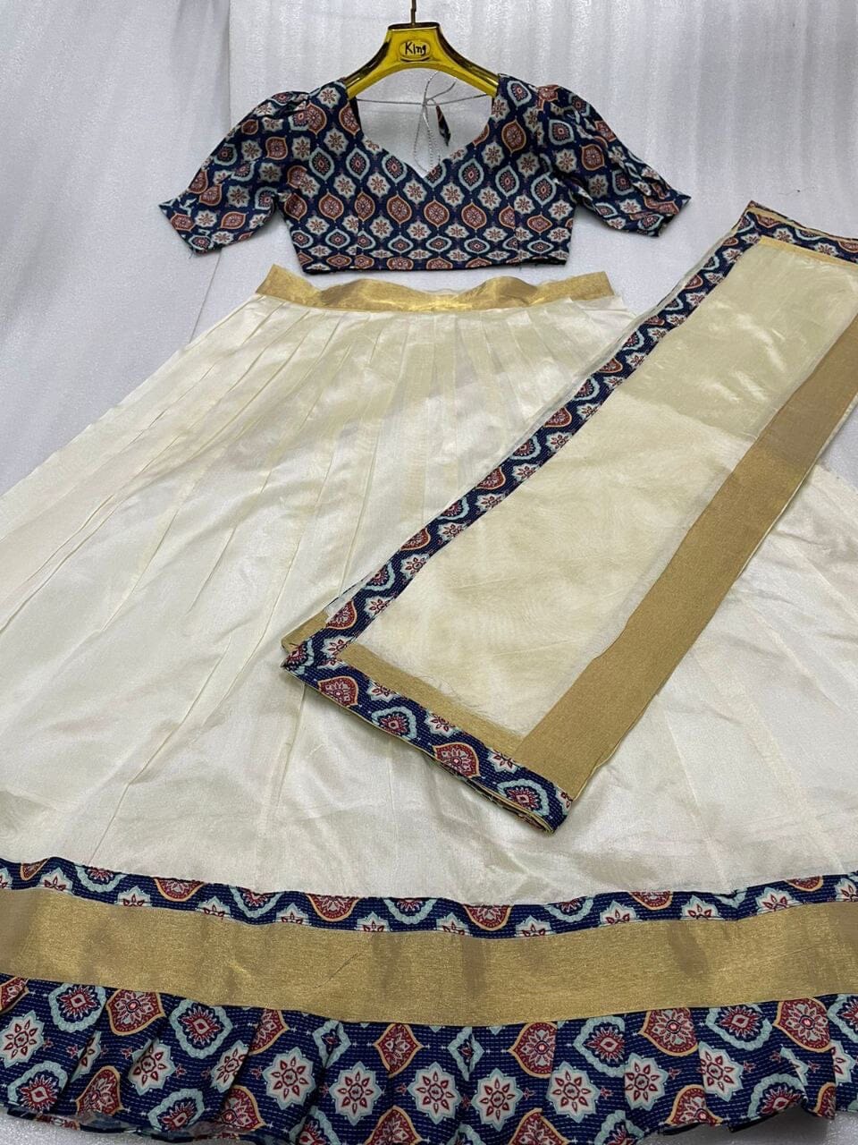 Black Kalamkari Printed Blouse and Half Saree Onam Collection Shopin Di Apparels