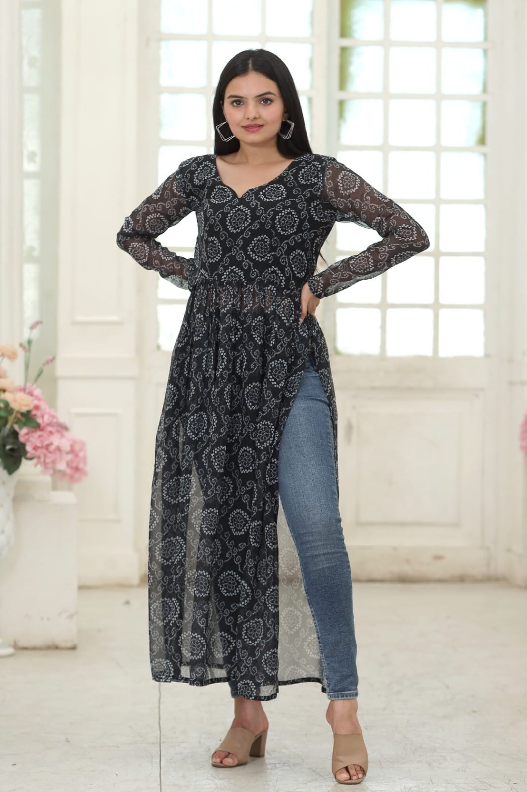 Black Nayra Cut Long Georgette Bandhej Digital Print Kurti Kurti Shopin Di Apparels