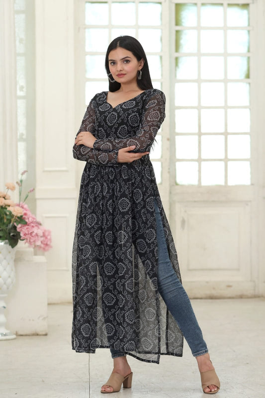 Black Nayra Cut Long Georgette Bandhej Digital Print Kurti Kurti Shopin Di Apparels