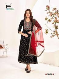 Black Plus Size Rayon Anarkali Embroidered Kurti with Net Dupatta Gown with Dupatta Shopin Di Apparels