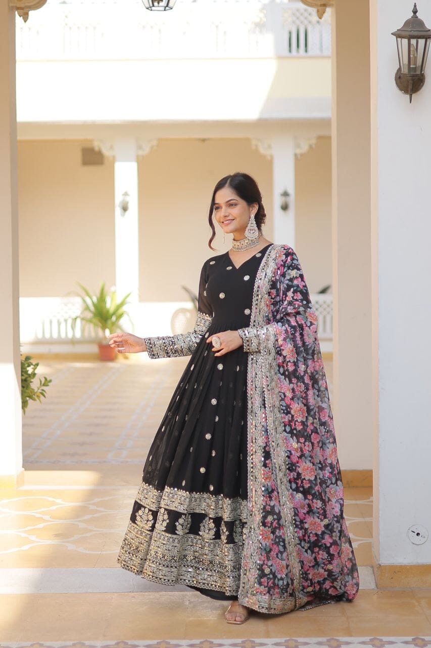 Black Premium Readymade Designer Georgette Sequence Work Gown with Tabby silk Embroidered Dupatta Gown with Dupatta Shopin Di Apparels
