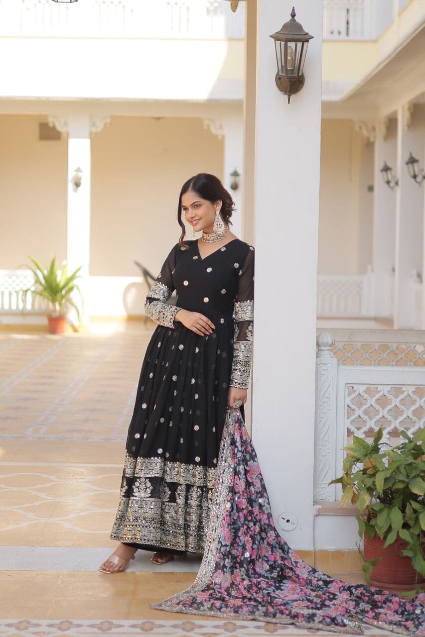 Black Premium Readymade Designer Georgette Sequence Work Gown with Tabby silk Embroidered Dupatta Gown with Dupatta Shopin Di Apparels