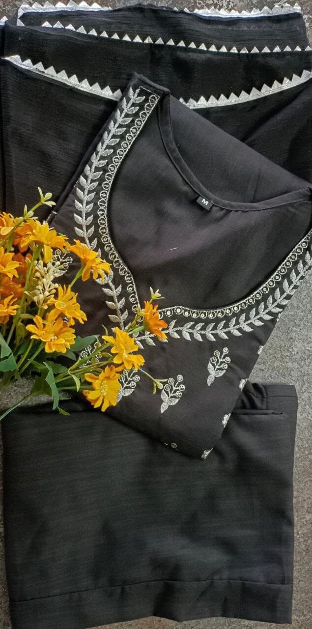 Black Rayon Slub Embroidered Kurti with Dupatta and Pant Kurti with Bottom and Dupatta Shopin Di Apparels