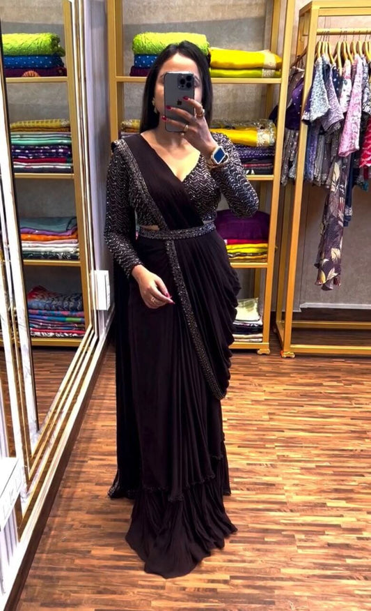 Black Sequence Chinon Embroidered Ready To Wear Saree Ready to Wear Saree Shopin Di Apparels