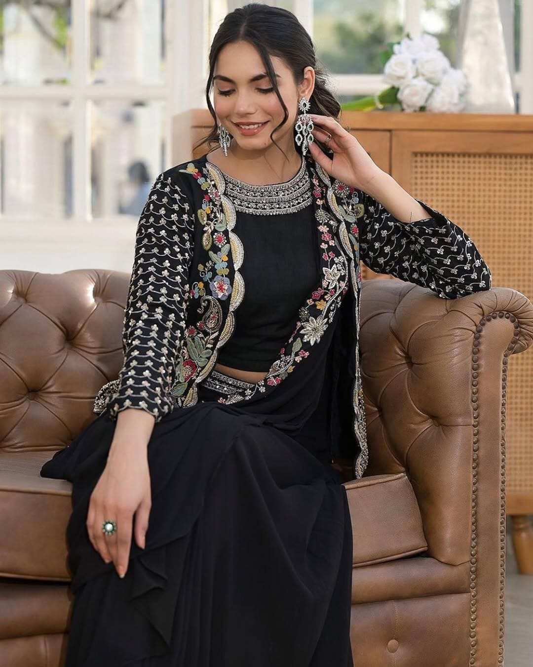 Black Stylish Embroidered Koti With Ready To Wear Saree Ready to Wear Saree Shopin Di Apparels