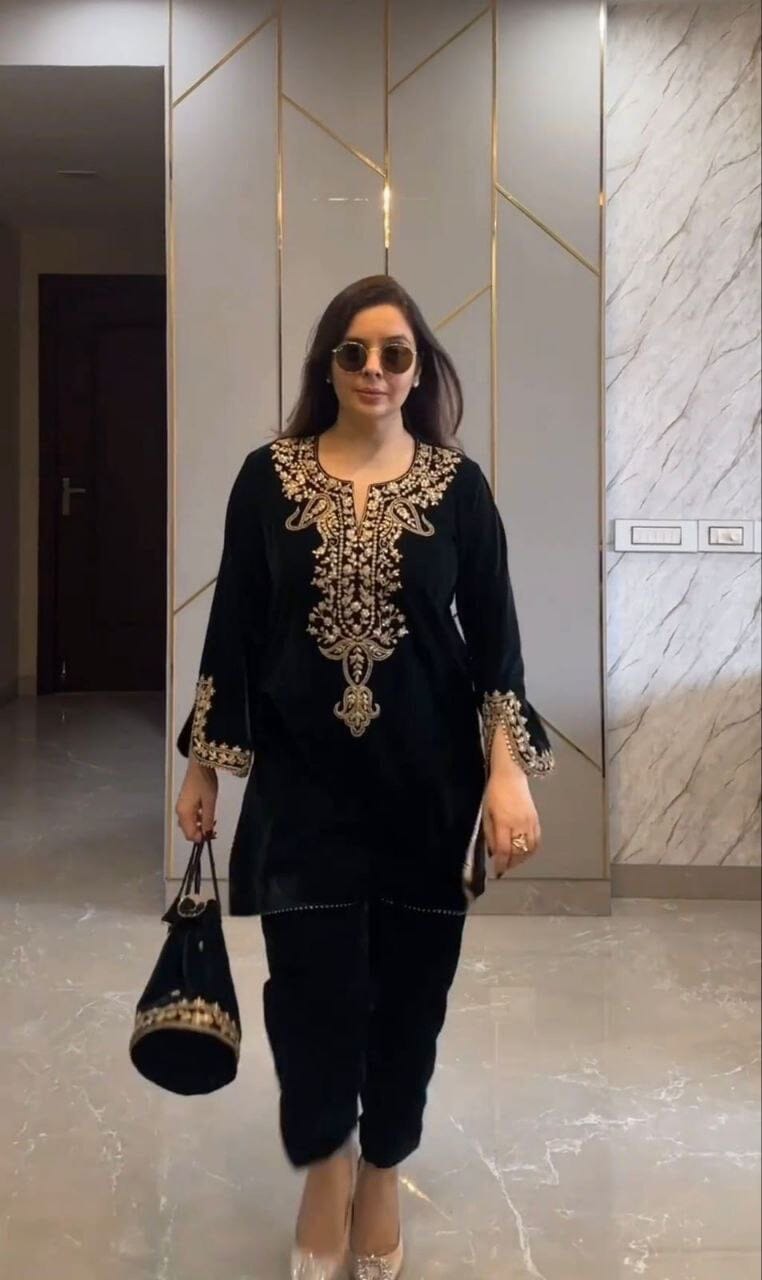 Black Velvet Party Wear Kurti with Matching Pant Set Kurti with Pant Shopin Di Apparels