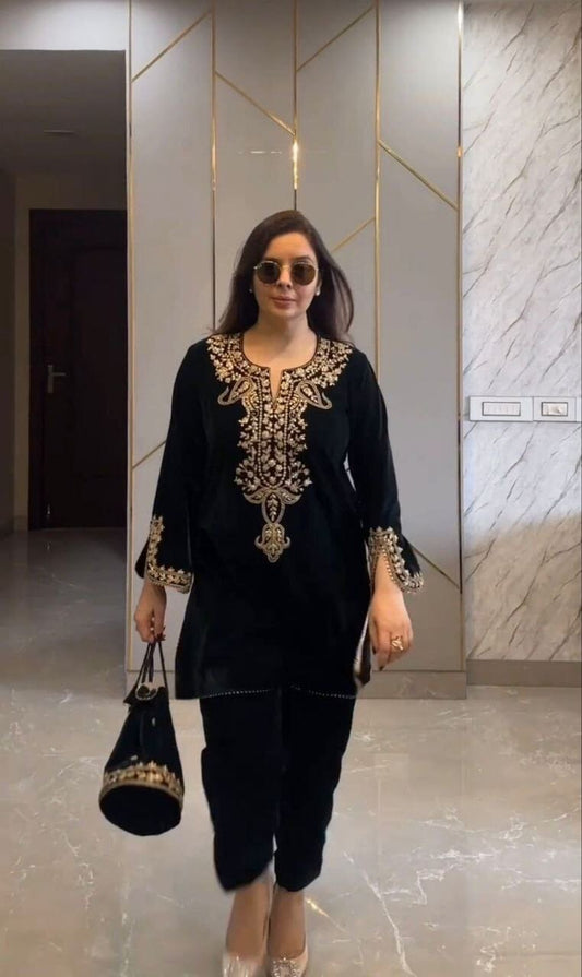 Black Velvet Party Wear Kurti with Matching Pant Set Kurti with Pant Shopin Di Apparels
