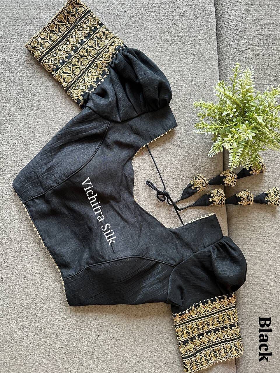 Black Vichitra Silk Readymade Blouse with Puff Sleeves and Embroidery Readymade Blouse Shopin Di Apparels