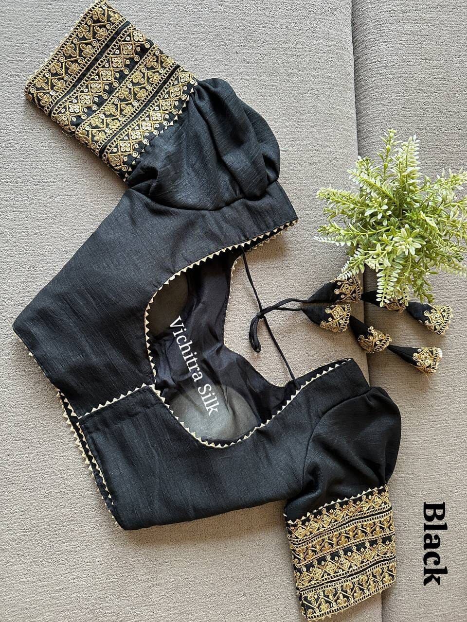 Black Vichitra Silk Readymade Blouse with Puff Sleeves and Embroidery Readymade Blouse Shopin Di Apparels