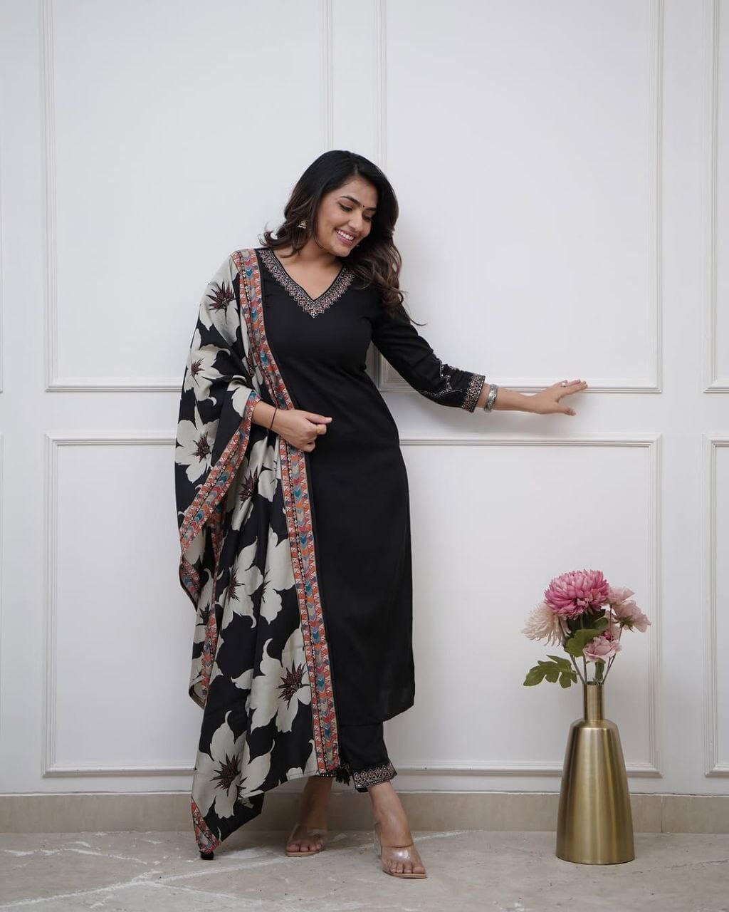 Black Viscose Silk Sequence Embroidered Readymade Designer Suit Shopin Di Apparels