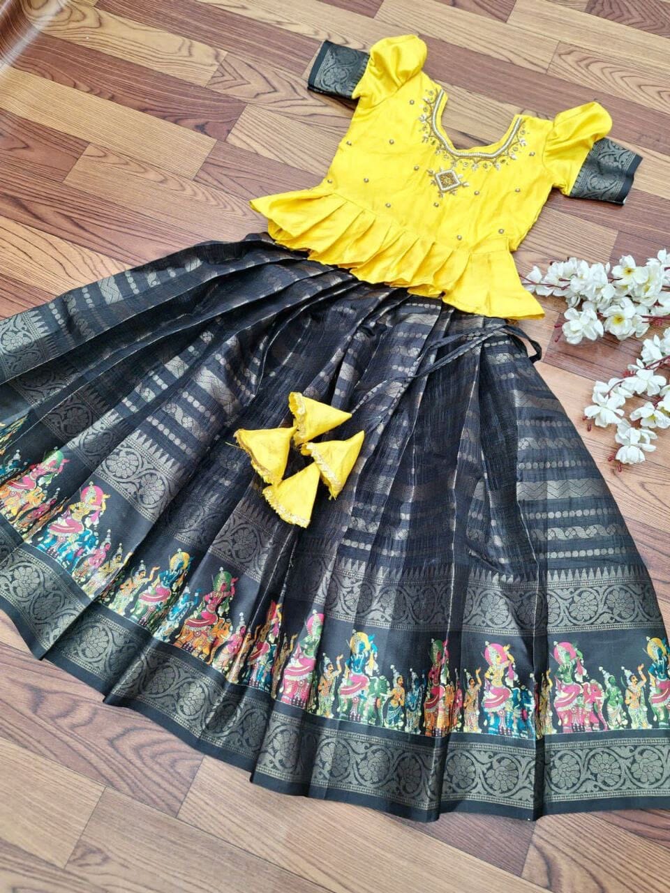 Black Yellow Kota Doriya Silk Kid's Lehenga Festival Wear Pavadai Sattai Kid's Lehenga Shopindiapparels.com
