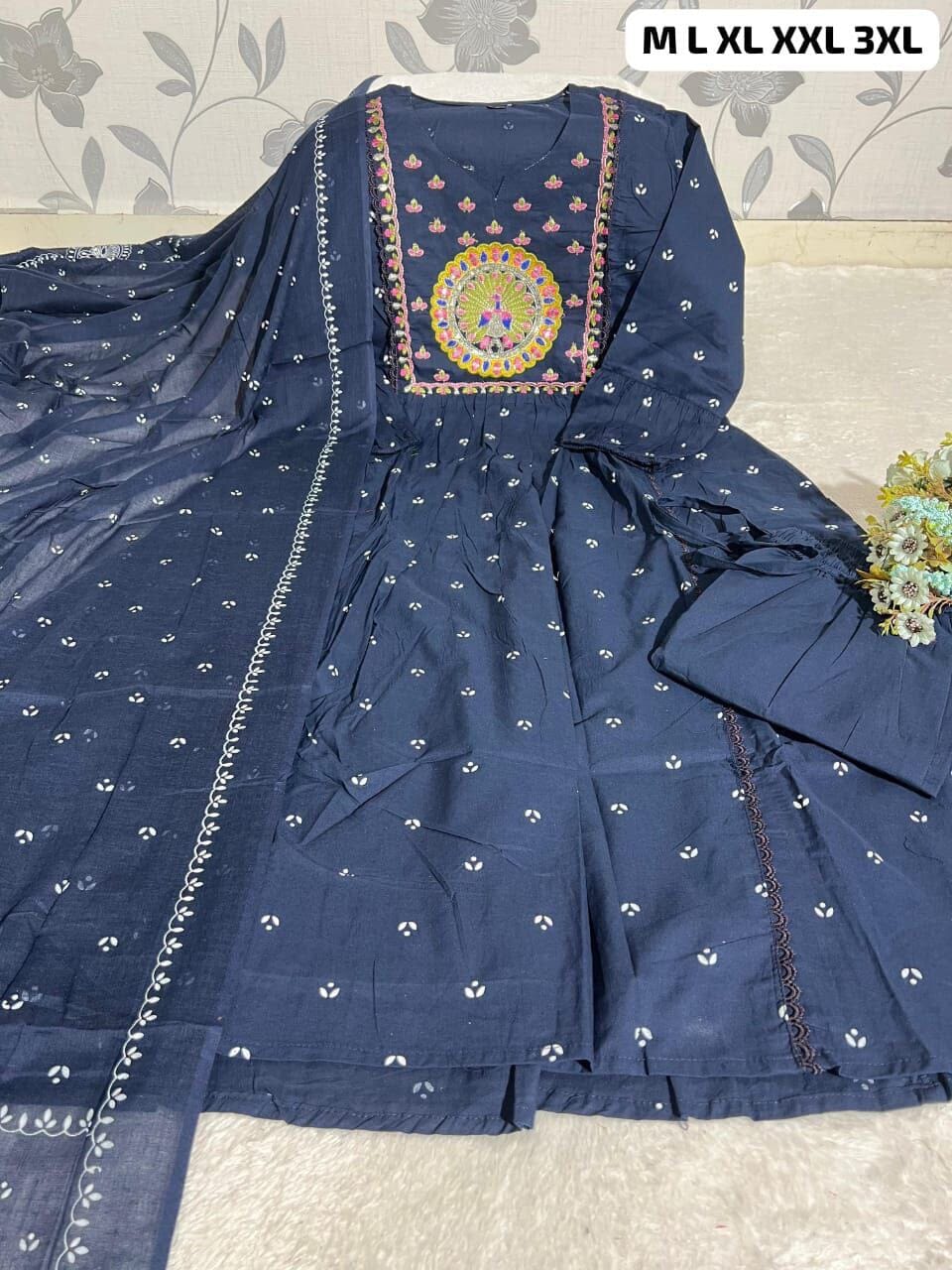 Blue Anarkali Cotton Kurti with Dupatta and Pant Kurti with Dupatta and Bottom Shopin Di Apparels