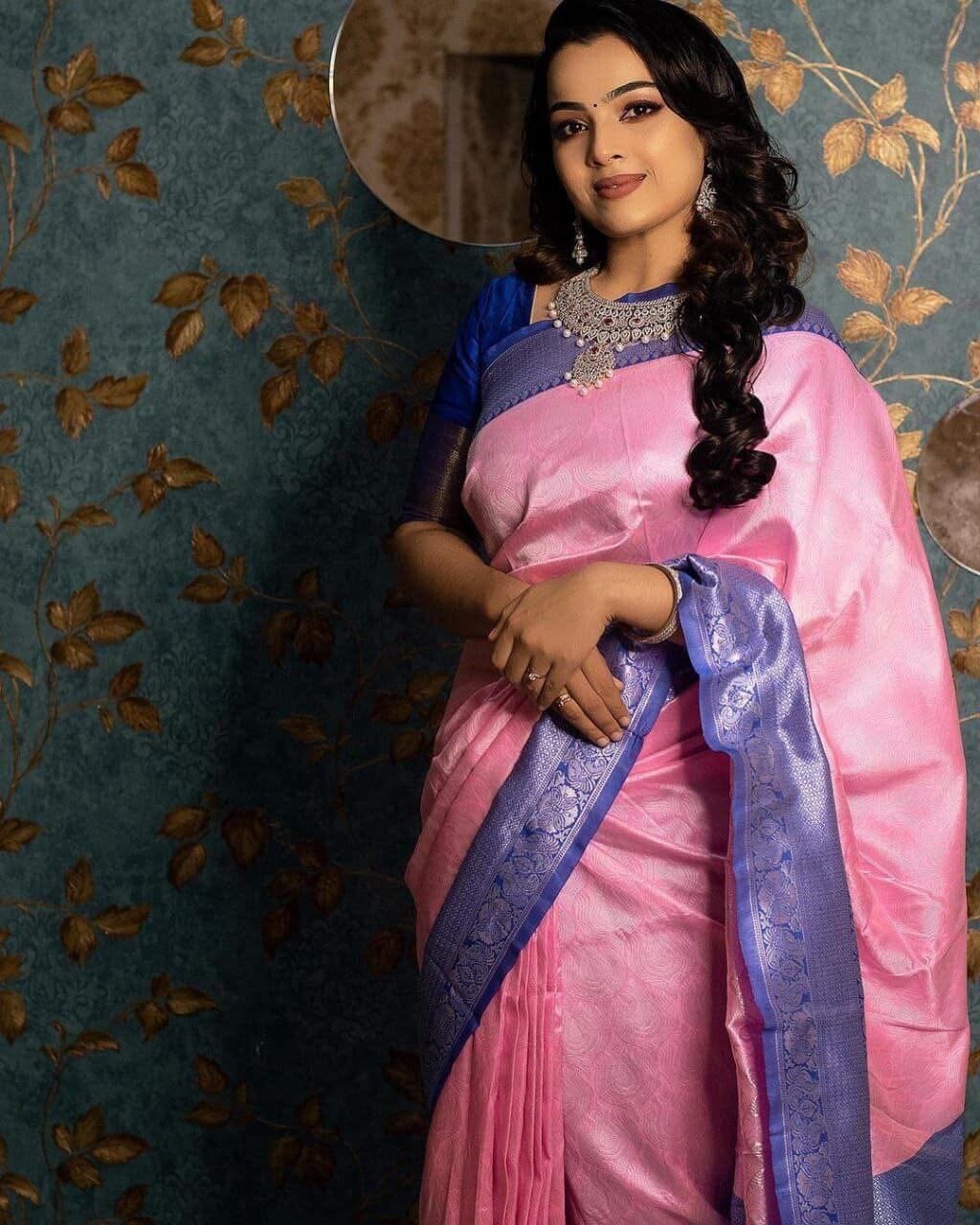 Blue and Pink Soft Lichi Silk Saree Silk Saree Shopin Di Apparels