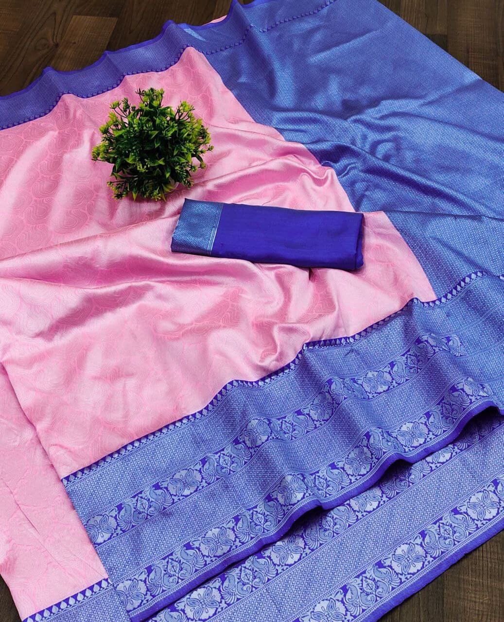 Blue and Pink Soft Lichi Silk Saree Silk Saree Shopin Di Apparels