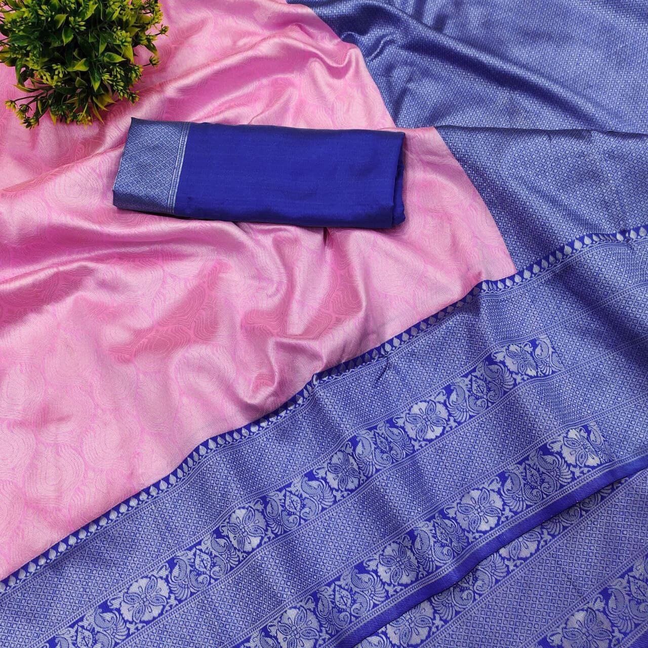 Blue and Pink Soft Lichi Silk Saree Silk Saree Shopin Di Apparels