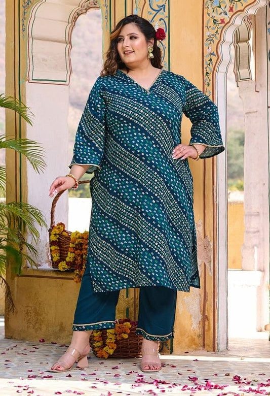 Blue Bandhani Printed Rayon Kurta and Pant Set Kurti with Pant Shopin Di Apparels