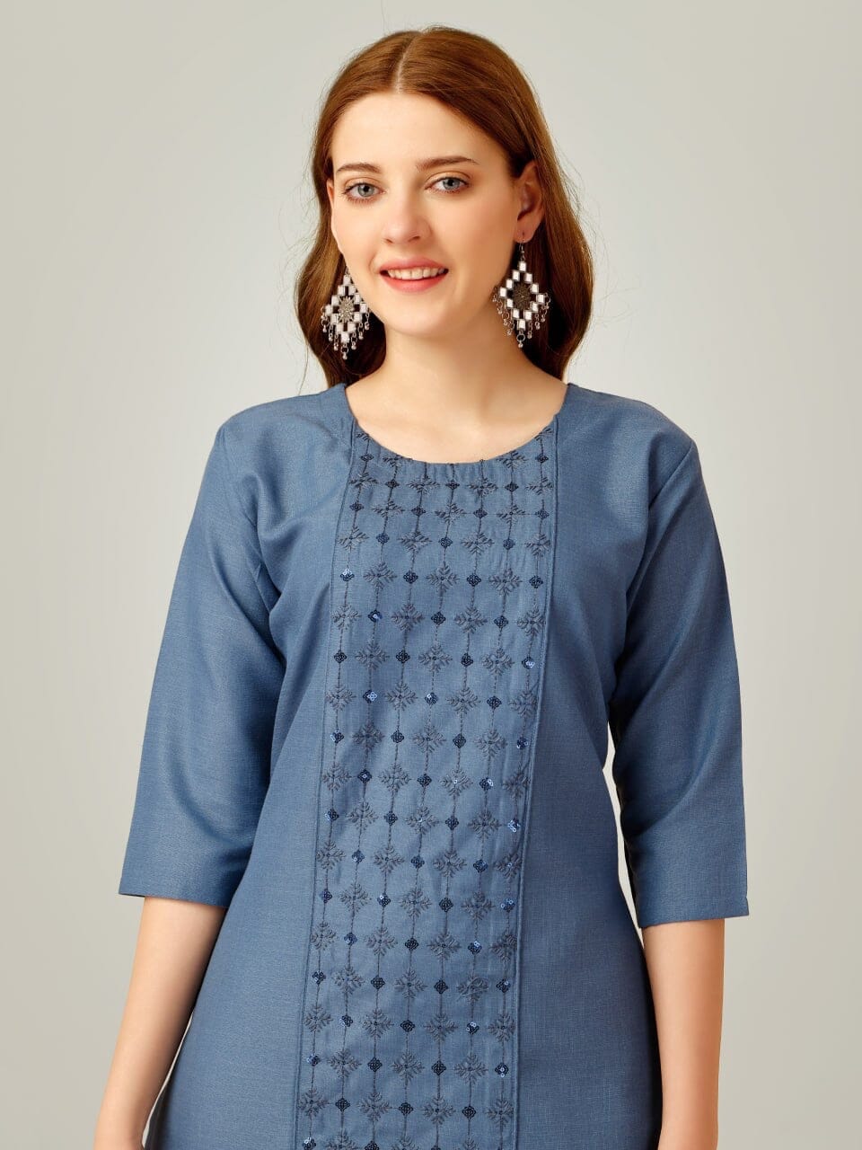 Blue Cotton Blend Sequence Embroidered Work Kurti with Pant Kurti with Pant Shopin Di Apparels