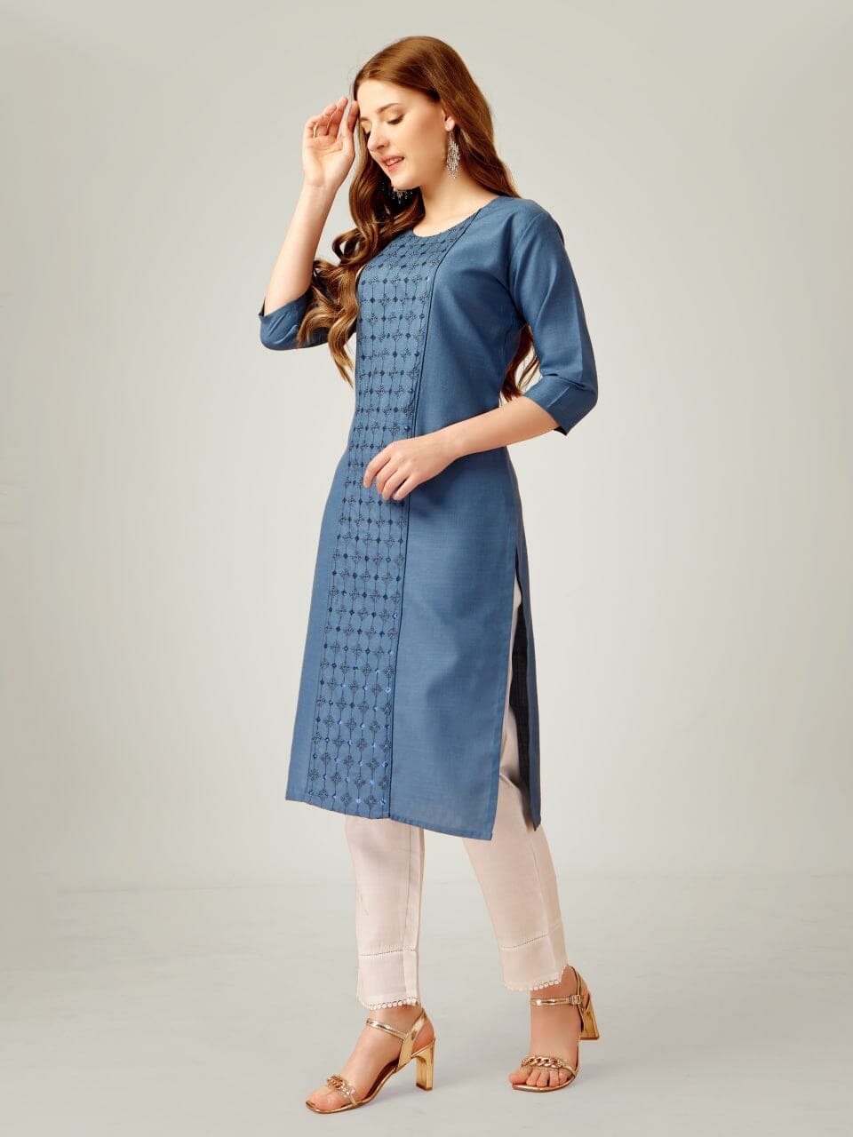 Blue Cotton Blend Sequence Embroidered Work Kurti with Pant Kurti with Pant Shopin Di Apparels