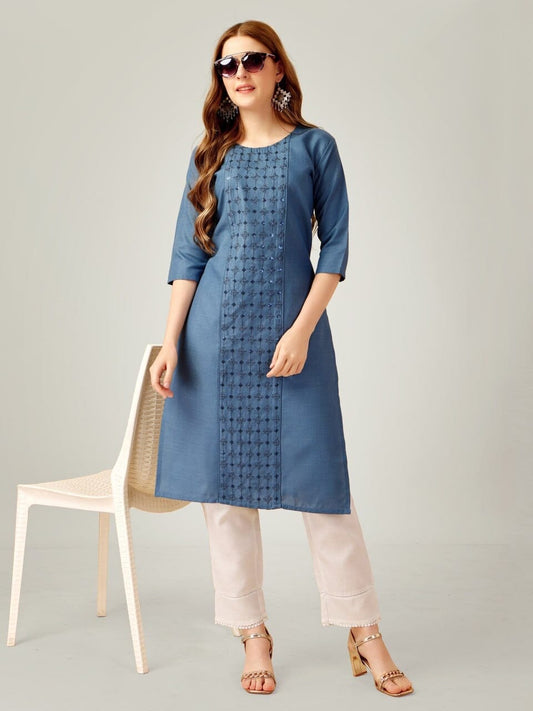 Blue Cotton Blend Sequence Embroidered Work Kurti with Pant Kurti with Pant Shopin Di Apparels