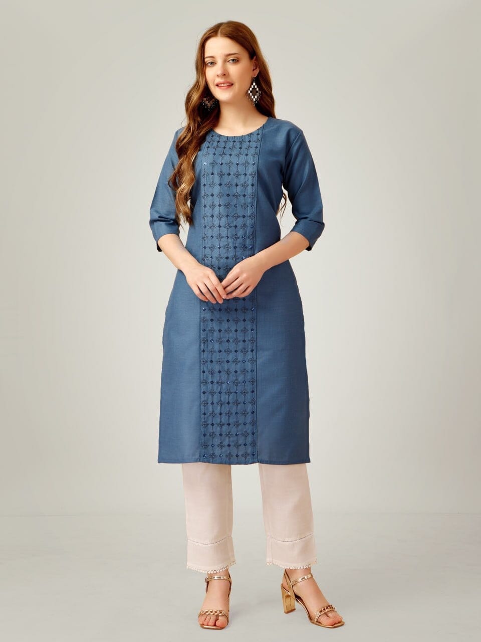 Blue Cotton Blend Sequence Embroidered Work Kurti with Pant Kurti with Pant Shopin Di Apparels