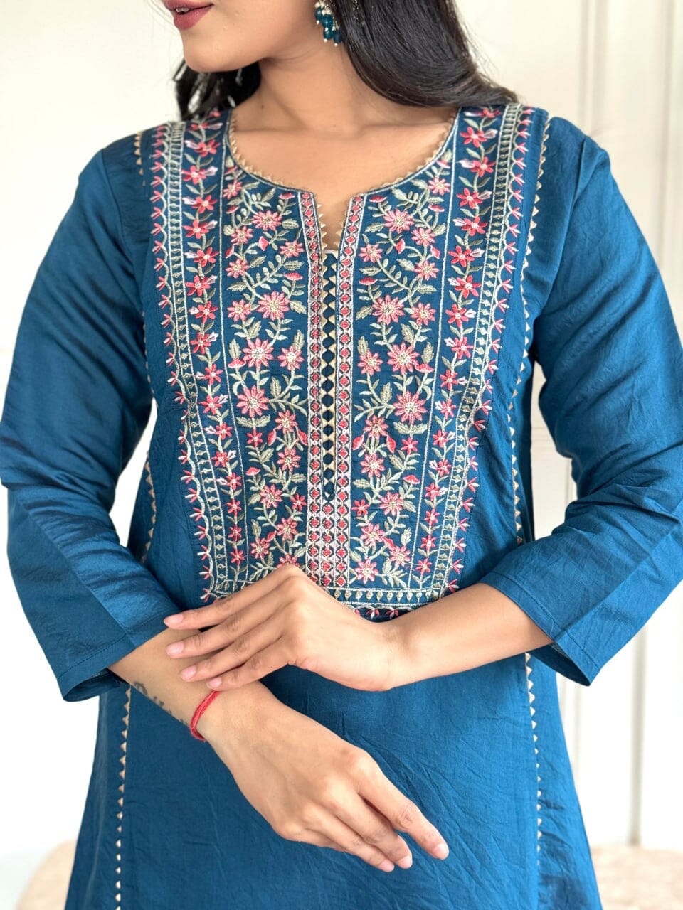 Blue Embroidered Chanderi Viscose Top with Net Dupatta and Pant set Kurti with Bottom and Dupatta Shopin Di Apparels