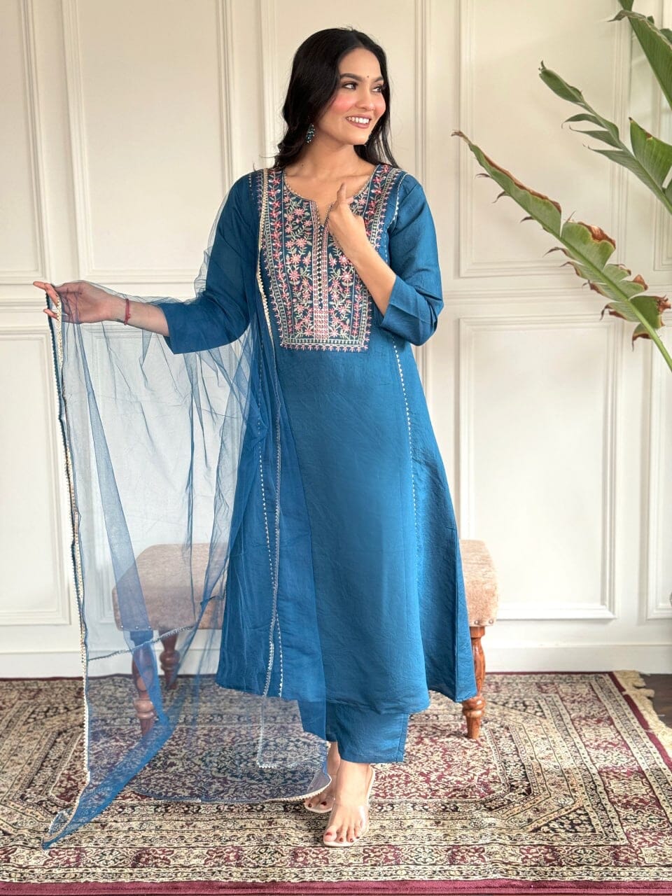 Blue Embroidered Chanderi Viscose Top with Net Dupatta and Pant set Kurti with Bottom and Dupatta Shopin Di Apparels