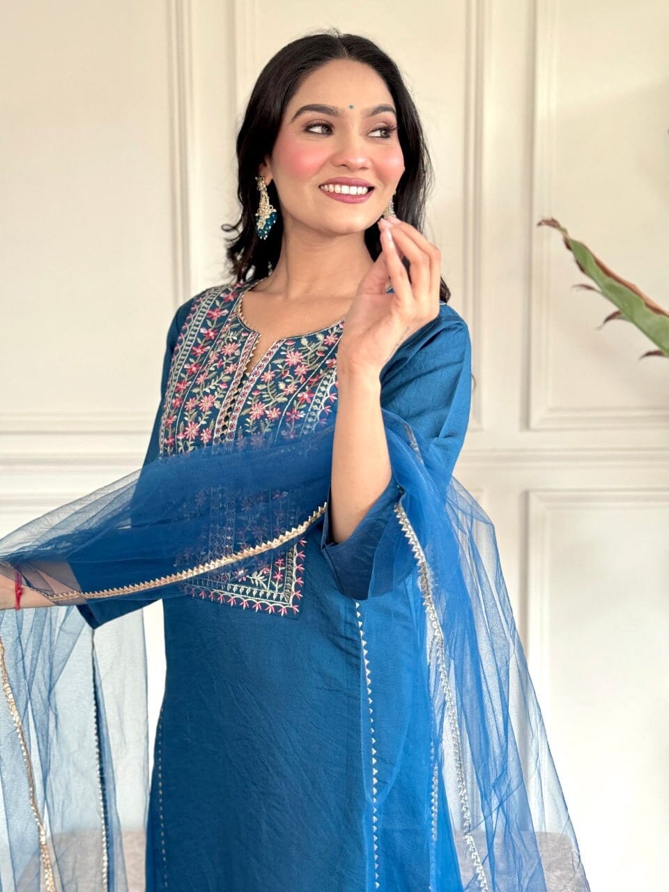 Blue Embroidered Chanderi Viscose Top with Net Dupatta and Pant set Kurti with Bottom and Dupatta Shopin Di Apparels
