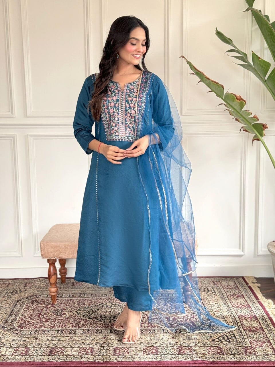 Blue Embroidered Chanderi Viscose Top with Net Dupatta and Pant set Kurti with Bottom and Dupatta Shopin Di Apparels