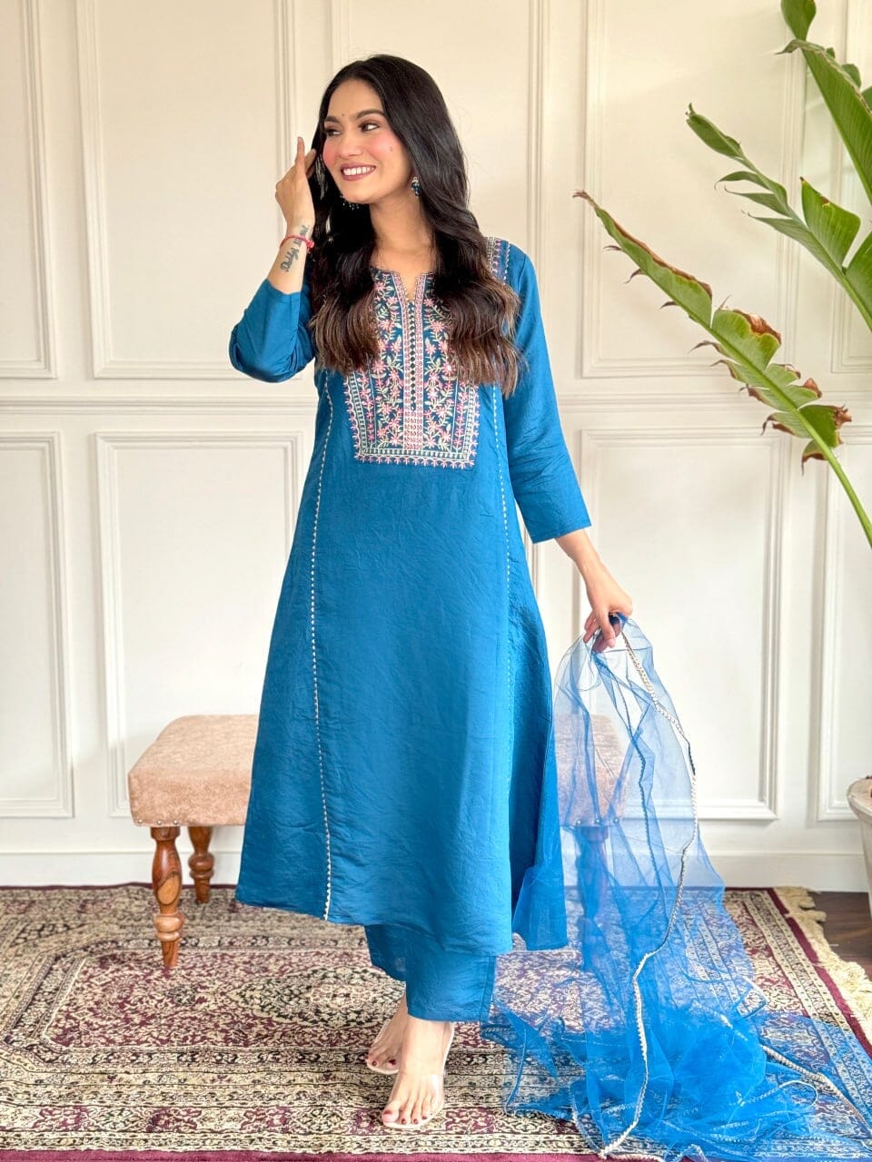 Blue Embroidered Chanderi Viscose Top with Net Dupatta and Pant set Kurti with Bottom and Dupatta Shopin Di Apparels