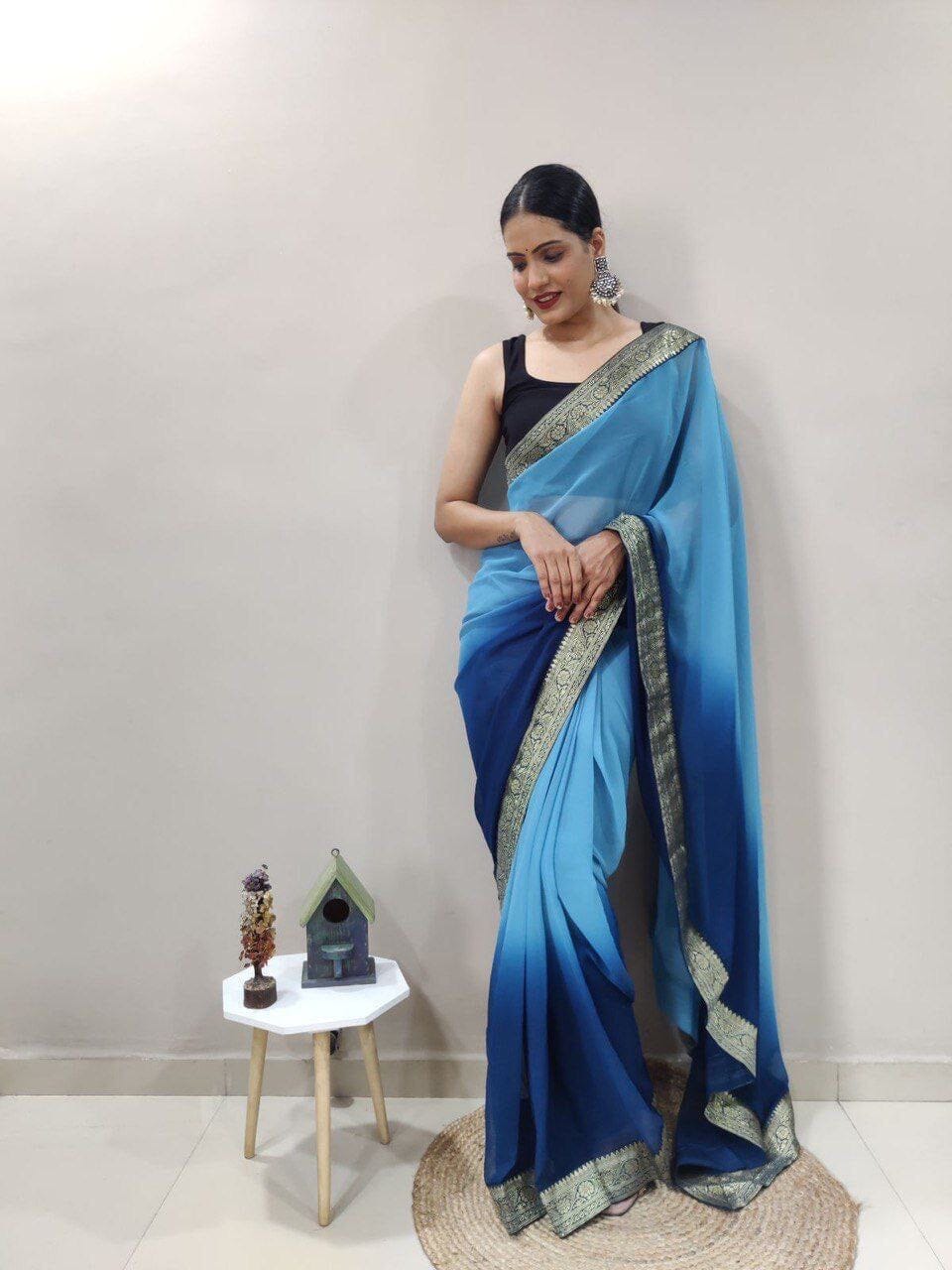 Blue Georgette Multicolor Ready to Wear Saree and Banglori Blouse Ready to Wear Saree Shopin Di Apparels