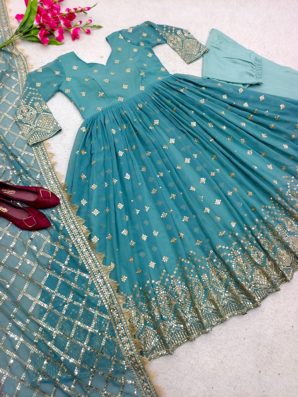 Blue Heavy Fox Georgette Sequence Work Designer Gown with Dupatta and Pant Designer Suits Shopin Di Apparels