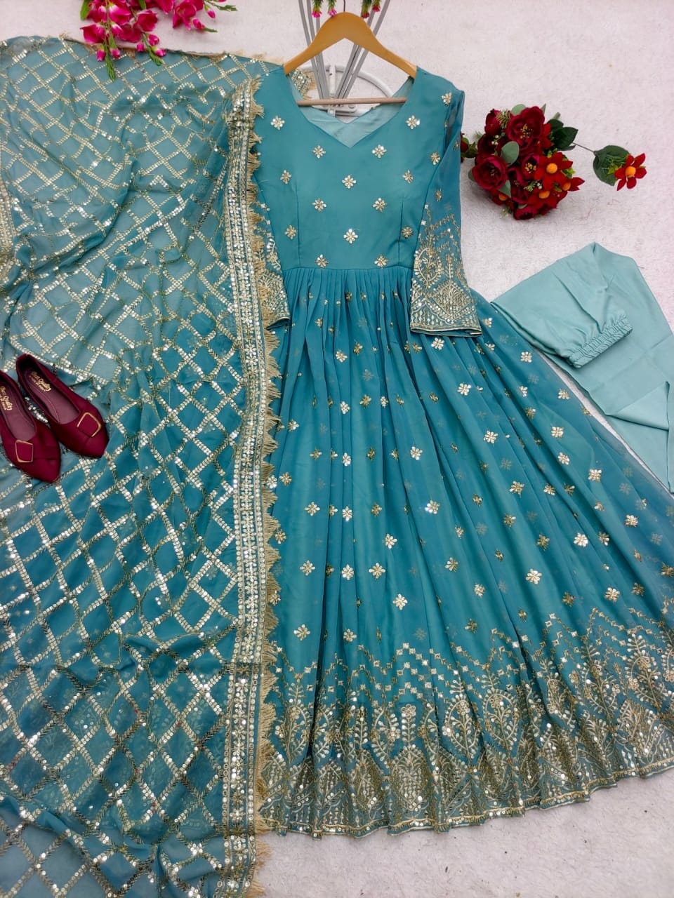 Blue Heavy Fox Georgette Sequence Work Designer Gown with Dupatta and Pant Designer Suits Shopin Di Apparels