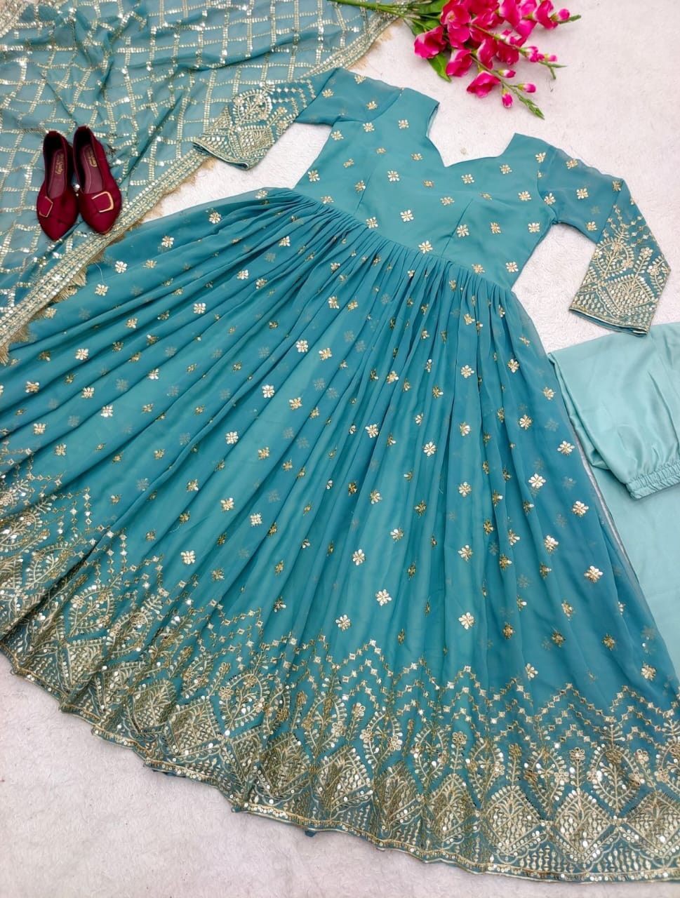 Blue Heavy Fox Georgette Sequence Work Designer Gown with Dupatta and Pant Designer Suits Shopin Di Apparels
