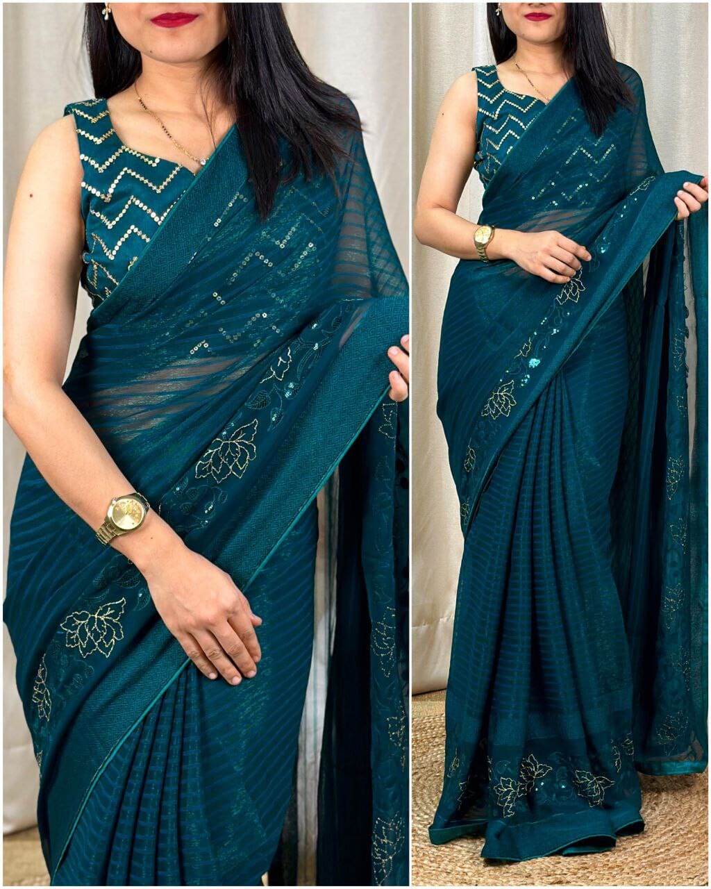 Blue Himanshi Designer Shimmer Chiffon Saree with Sequence Work Blouse Designer Saree Shopin Di Apparels