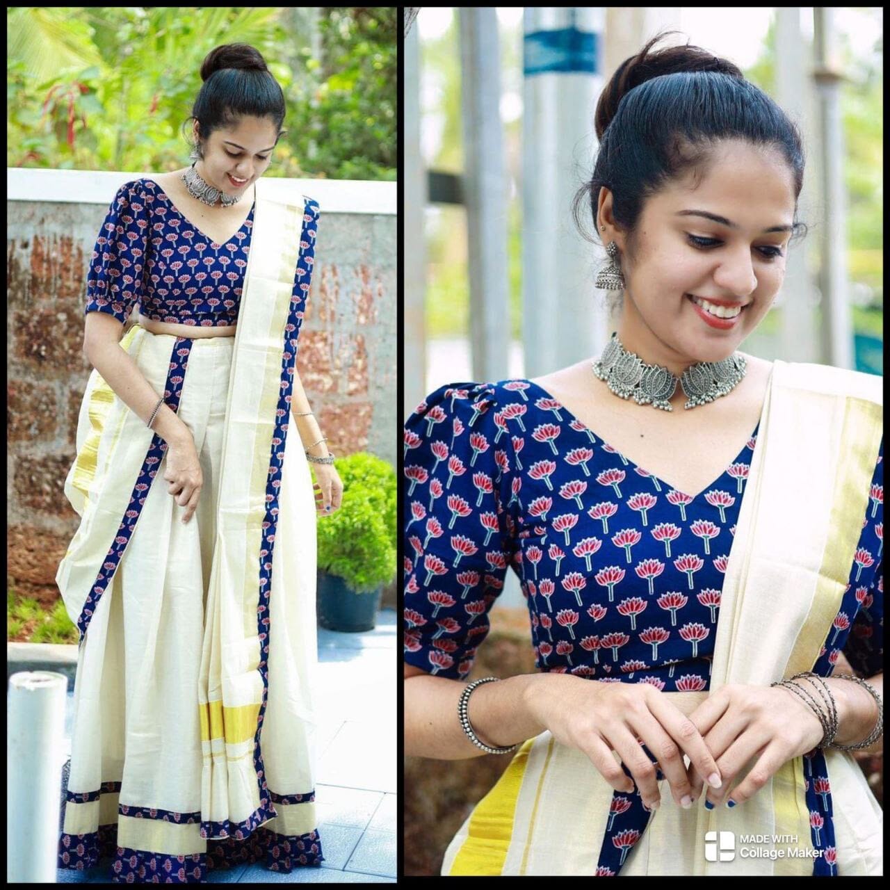 Blue Kalamkari Printed Blouse and Half Saree Onam Collection Shopin Di Apparels