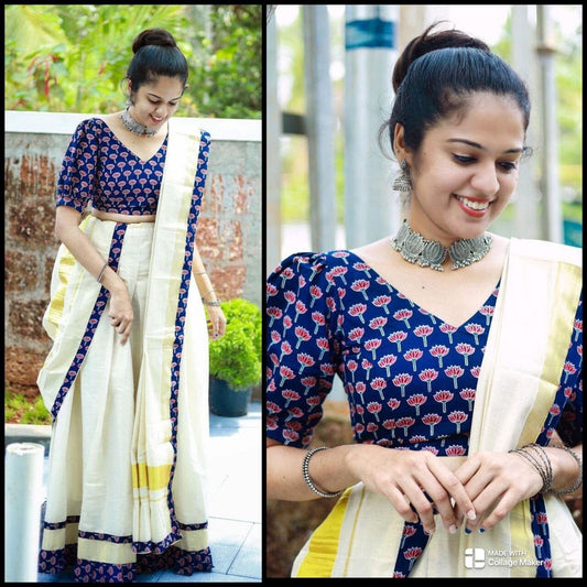 Blue Kalamkari Printed Blouse and Half Saree Onam Collection Shopin Di Apparels