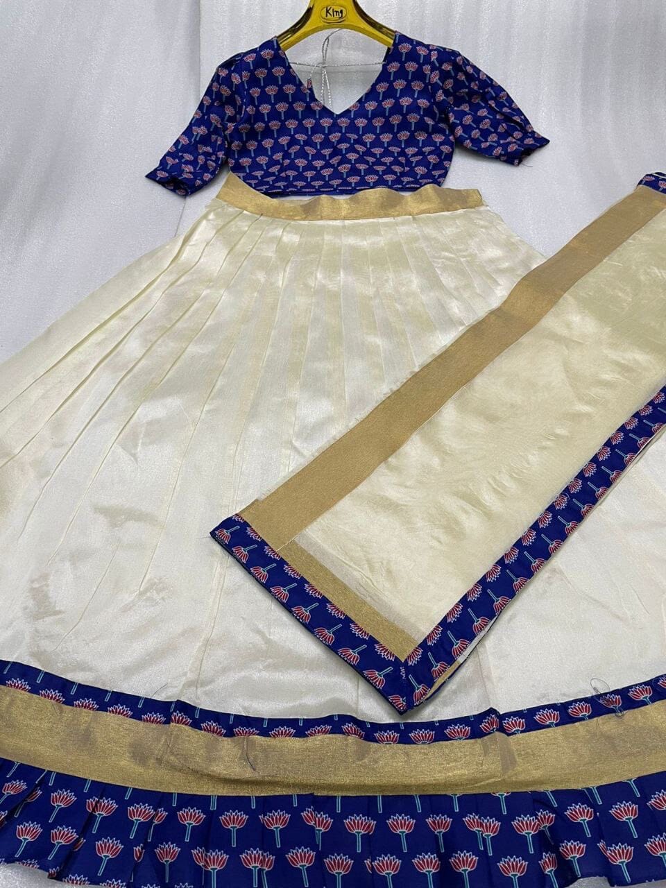 Blue Kalamkari Printed Blouse and Half Saree Onam Collection Shopin Di Apparels
