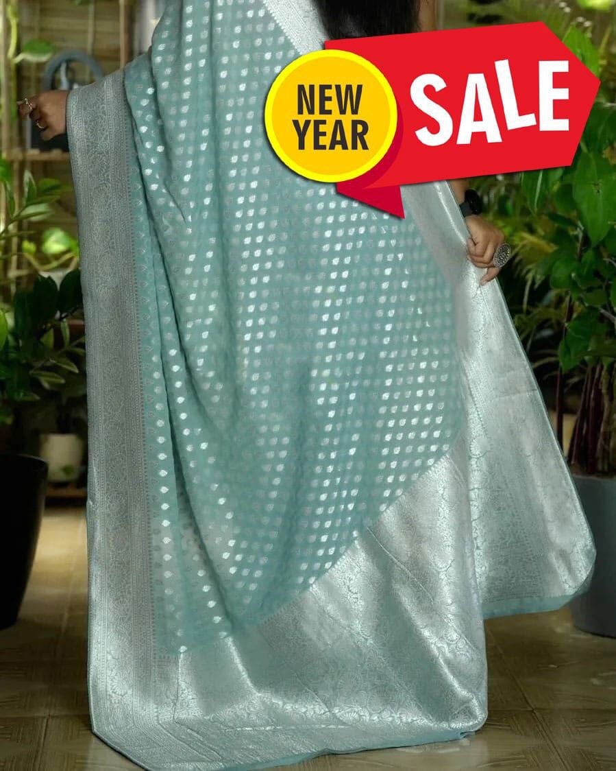 Blue Khadi Georgette Silver Zari Weaving Work Saree Designer Saree Shopin Di Apparels