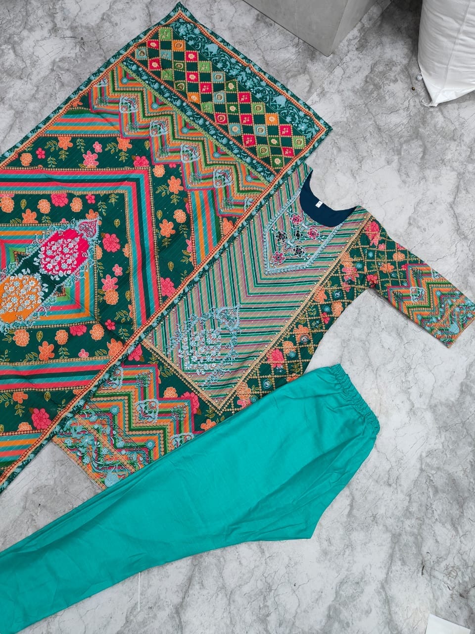 Blue Muslin Kurti with Pant and Dupatta Set Kurti with Bottom and Dupatta Shopin Di Apparels