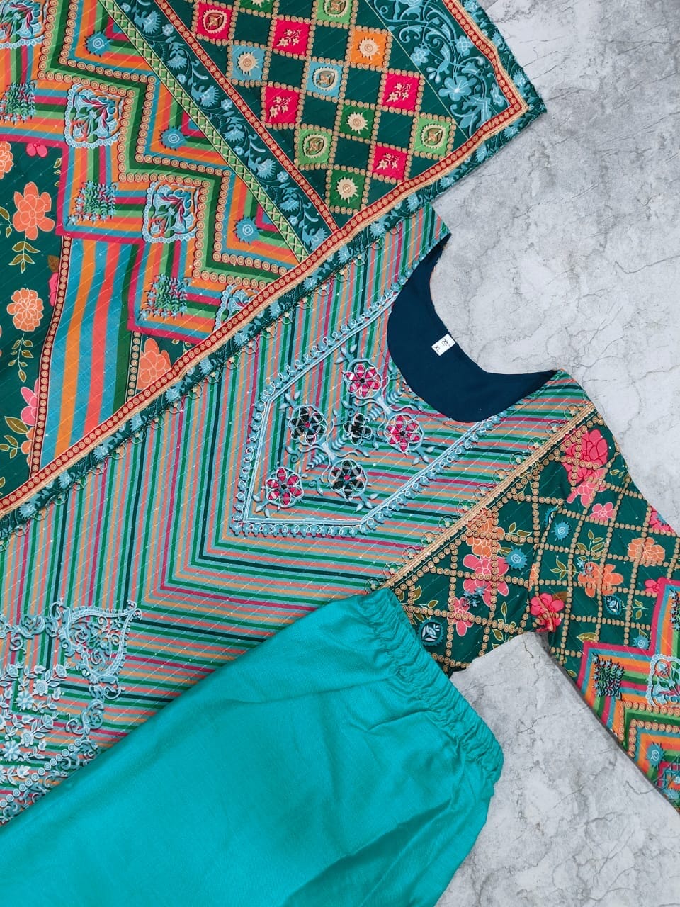 Blue Muslin Kurti with Pant and Dupatta Set Kurti with Bottom and Dupatta Shopin Di Apparels