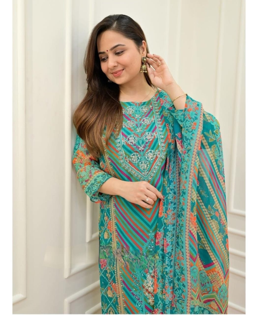 Blue Muslin Kurti with Pant and Dupatta Set Kurti with Bottom and Dupatta Shopin Di Apparels