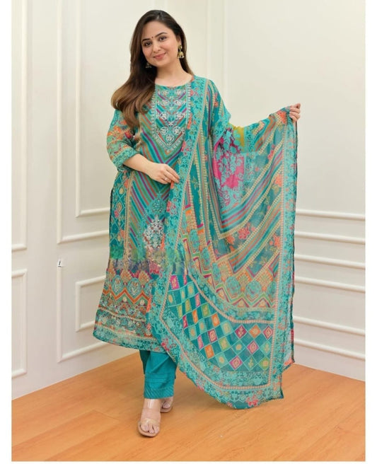 Blue Muslin Kurti with Pant and Dupatta Set Kurti with Bottom and Dupatta Shopin Di Apparels