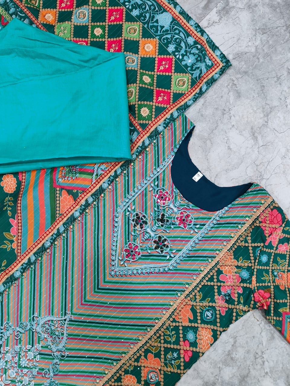 Blue Muslin Kurti with Pant and Dupatta Set Kurti with Bottom and Dupatta Shopin Di Apparels