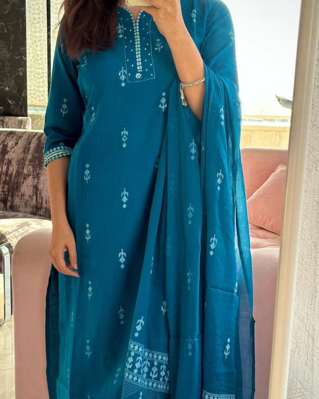 Blue Pure Cotton Hands Block Design Kurti with Dupatta and Bottom Kurti with Dupatta and Bottom Shopin Di Apparels