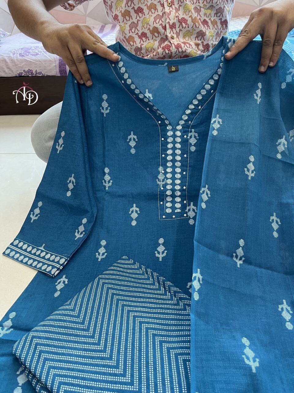 Blue Pure Cotton Hands Block Design Kurti with Dupatta and Bottom Kurti with Dupatta and Bottom Shopin Di Apparels