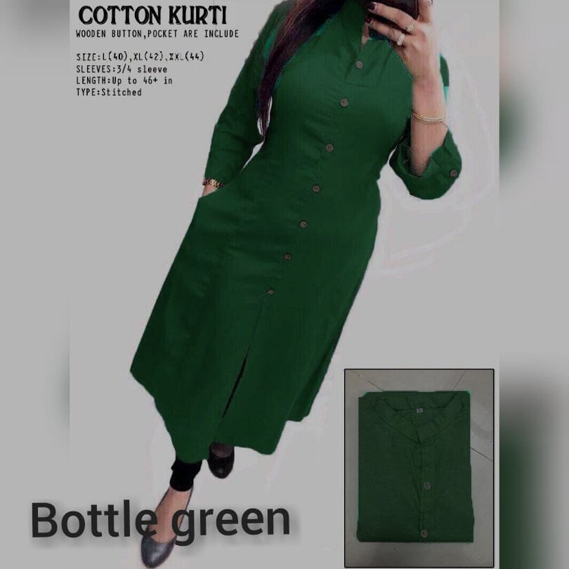 Bottle Green Plain Collar Cotton Kurti with Button and Pockets Kurti Shopin Di Apparels