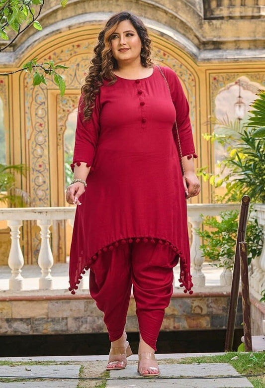 Bright Maroon Pom Pom Rayon Co Ord Set Kurti with Pant Shopin Di Apparels