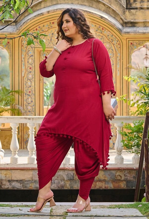 Bright Maroon Pom Pom Rayon Co Ord Set Kurti with Pant Shopin Di Apparels